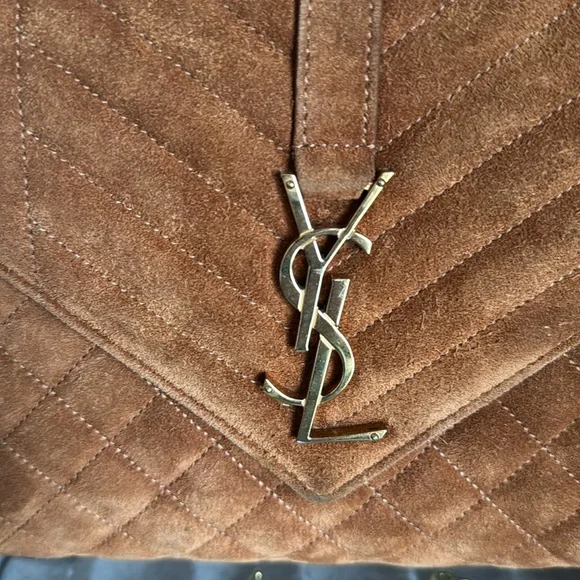 YSL Yves Saint Laurent Brown Suede Quilted Medium Envelope Handbag - Picture 3 of 16